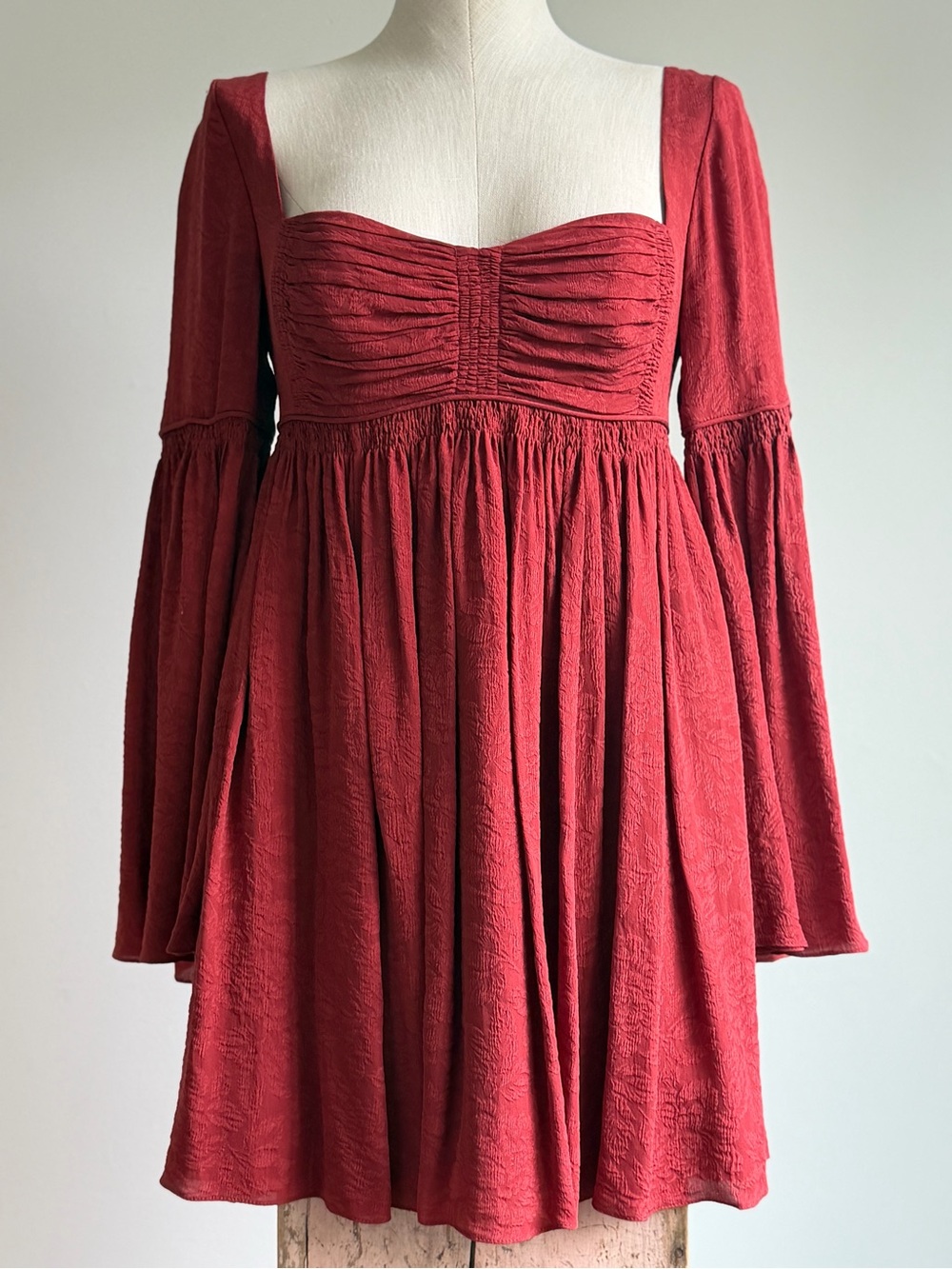 Free People Rust Deep Burgundy Red Square-Neck Long Sleeve Babydoll Dress - Picture 3 of 8